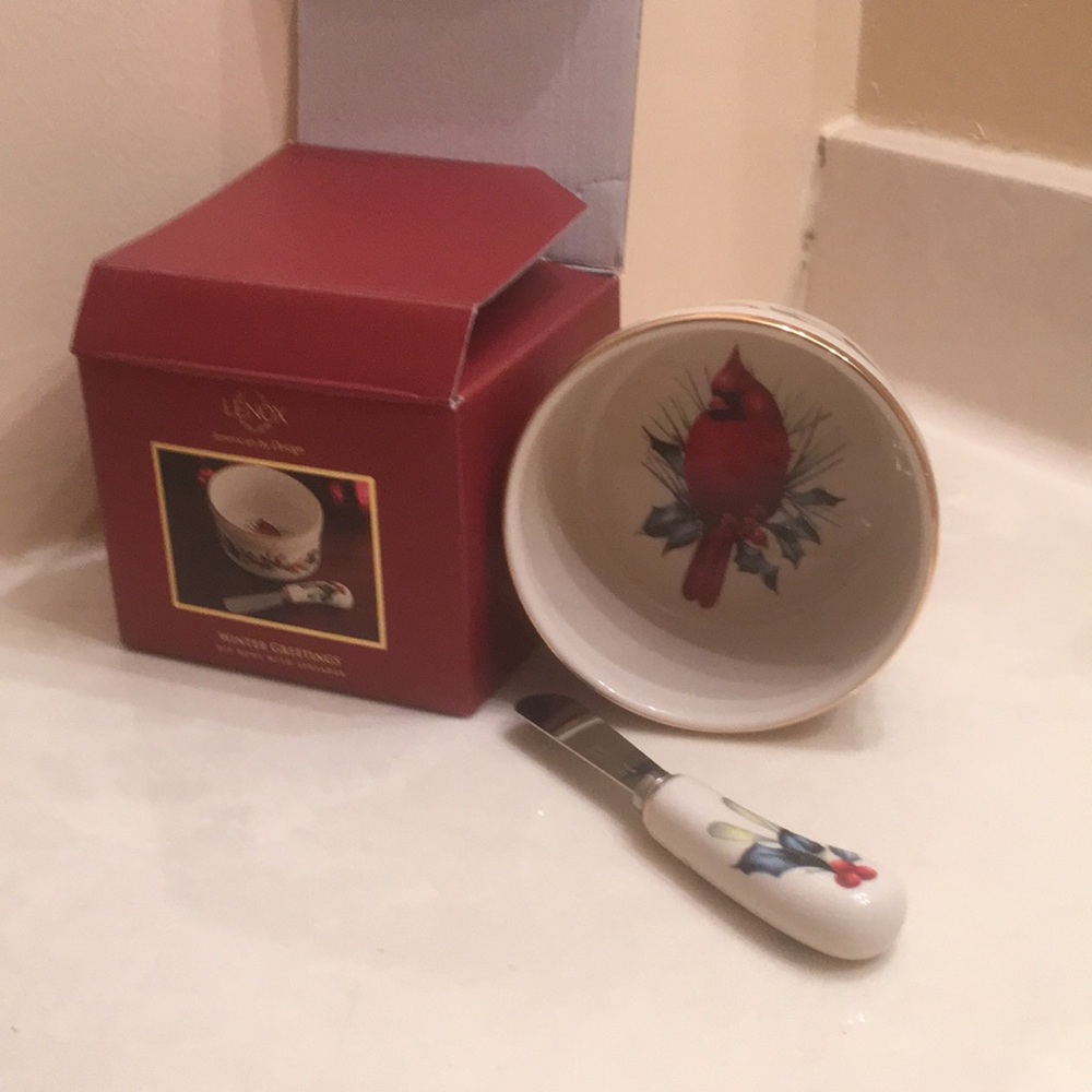 Christmas Lenox dip bowl with spreader in box.